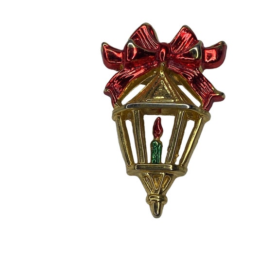 Vtg Candle Lit Lantern Gold Tone Brooch Enamel De… - image 1