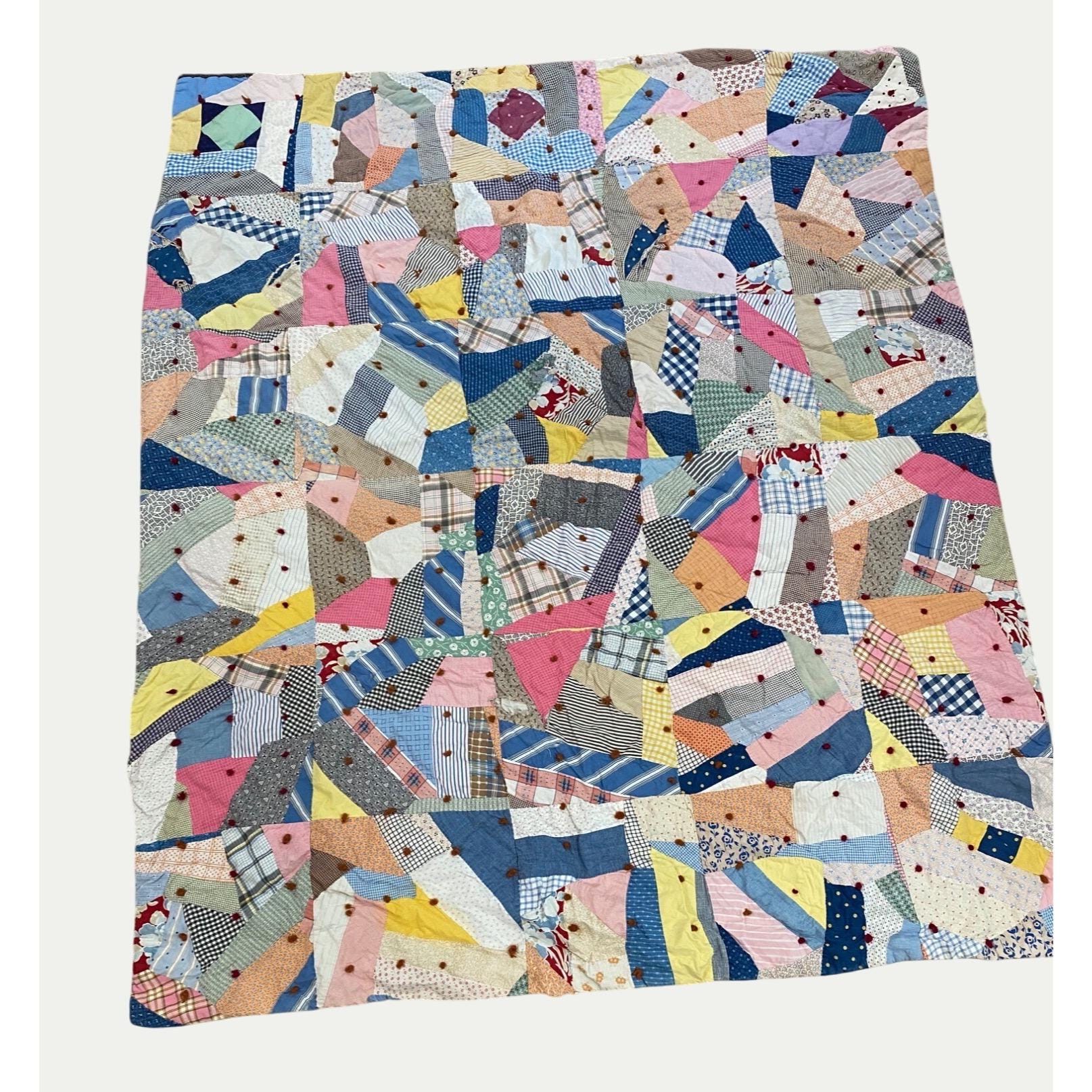 Vtg Handmade and Hand tied Crazy Quilt 80 x 66