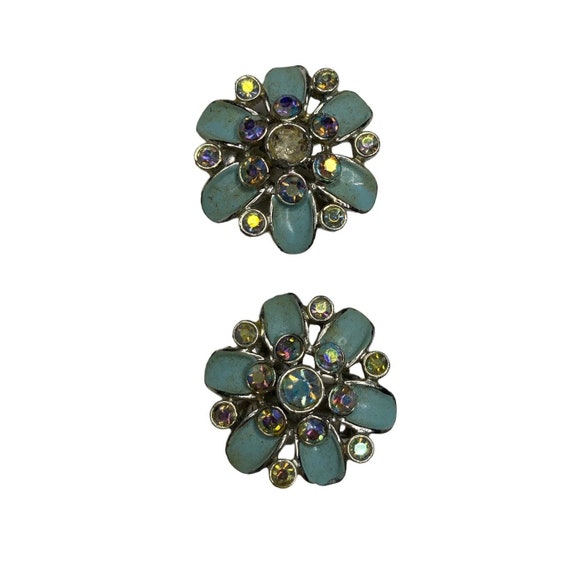 Vtg Kramer Enamel Rhinestone Flower Clip on Earri… - image 2