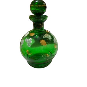 Antique Hand Painted Green Glass Decanter