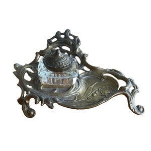 Vintage Brass Desk Inkwell: Ornate Victorian Glass Ink Jar