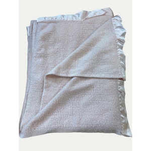 Vtg Rosa Malva Acrílico Waffle Weave Satin Trim 83&quot; x 63&quot; Cobertor