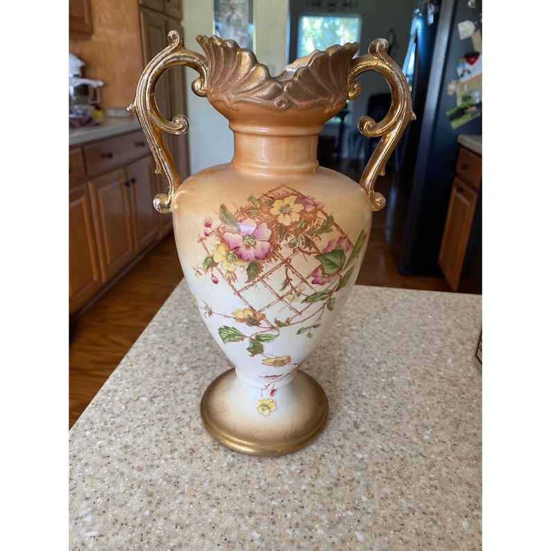 Vintage Porcelain Mantle Vase Peach With Gold Gilt Floral Etsy