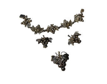 Sterling Silver Grape Cluster Pin/pendant and Post Earrings Set +