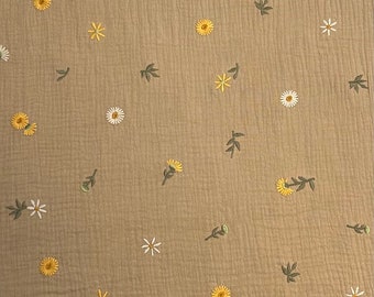 Tissu Double Gaze broderie fleurs beige