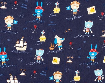 Tissu en coton pour enfants avec des animaux pirates bleu foncé