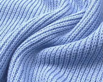 Remnants knitted fabric cotton plain light blue ribbed