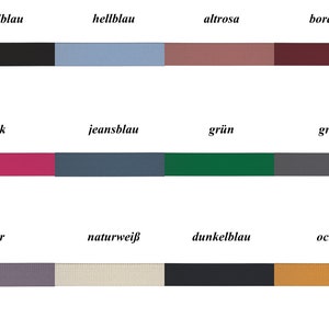 Pode incluir: Uma carta de cores com 10 amostras de cores diferentes. As cores são: azul escuro, azul claro, rosa, bordô, rosa, azul, verde, cinza, roxo e bege.