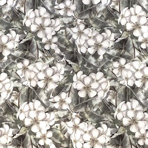 Puede incluir: Patrón continuo de flores de plumeria blancas y hojas de plátano de color verde grisáceo. El diseño floral presenta sombreado suave, creando un efecto de acuarela. La estética general es tropical y botánica.
