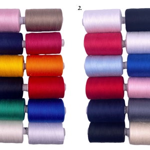 Puede incluir: Dos filas de carretes de hilo, cada fila etiquetada con un número. La primera fila contiene carretes de hilo rosa, beige, azul marino, rojo, amarillo, naranja, azul oscuro, verde, blanco y blanco. La segunda fila contiene carretes de hilo blanco, negro, rojo, azul claro, rojo, rosa, gris, azul marino y beige.