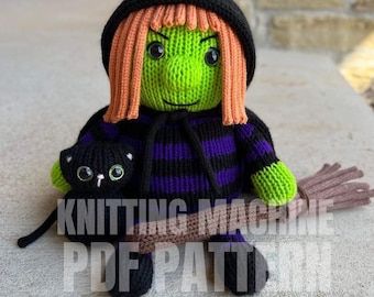 Witch, broomstick, and black cat - Circular Knitting machine pdf pattern - Sentro Addi Express