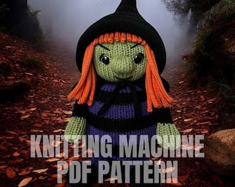 Witch, broomstick, and black cat - Circular Knitting machine pdf pattern - Sentro Addi Express