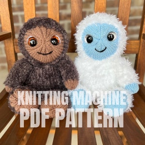 May include: Knitting machine PDF pattern for two plush toys. A brown furry toy with orange eyes and a white furry toy with blue eyes.  The text "Knitting Machine PDF Pattern" is printed on the image.