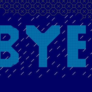 May include: The word "GOODBYE" in blue outlined letters against a dark blue background. A pattern of small white lines and a grid of yellow crosses are in the background.