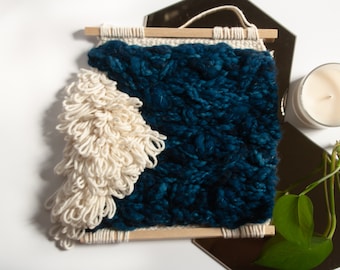 Chunky blue handmade tapestry, Woven wall hanging, Textile art, Textured Fiber art, wool weaving, modern home decor, gifts for women,