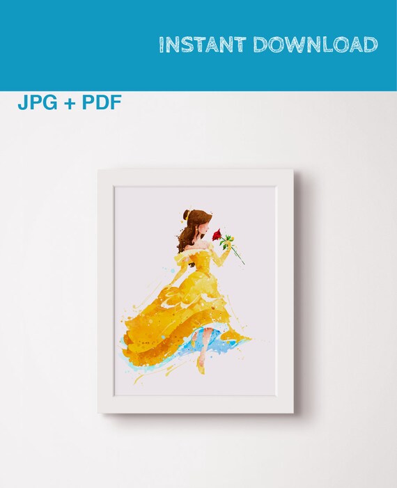 Belle Beauty and the Beast Princess Disney Belle painting Poster Print Art Gift Watercolor Disney characters Instant download Wall art decor Il_570xn