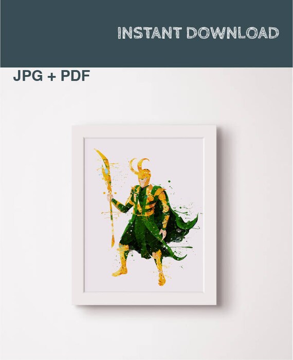 Loki watercolor print Loki poster Loki avengers Loki gift Ragnarok Thor avengers Superhero printable art Gift ideas boy man Villain marvel Il_570xn