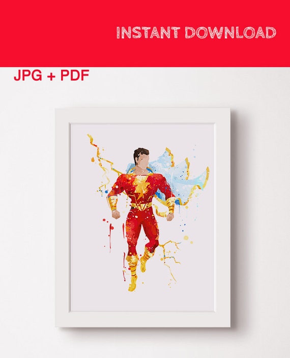 Shazam poster Shazam party Superhero Birthday Print Printable art Watercolor comic character Nursery decor dc Gift Idea Instant download Il_570xn