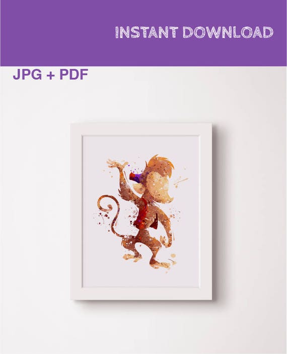 Abu monkey Aladdin watercolor print Disney gift idea Birthday aladdin party Aladdin artwork Aladdin theme printable art Abu Monkey wall art Il_570xn