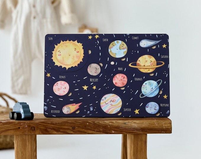 Puzzle Montessori en bois du système solaire avec des planètes, jouets éducatifs de 2 ans, jouet éducatif avec des planètes