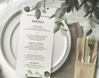 Greenery wedding menu template -  Rustic wedding menu - Rustic wedding - Editable menu - Instant download