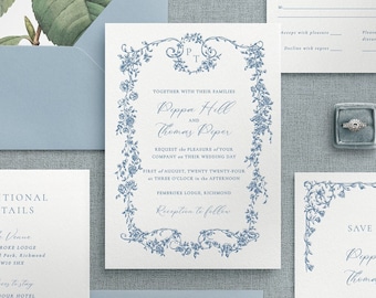 Classic wedding invitation template with floral border- Vintage monogram wedding invitation - Editable wedding invitation template