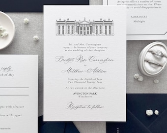 Venue illustration wedding invitation - Luxury wedding invitations with letterpress option - Line drawing wedding invitations