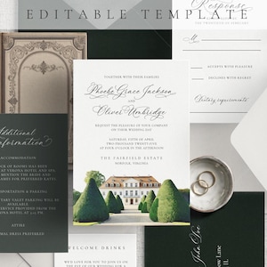 Invitación de boda con acuarela - Ilustración de lugar de celebración de bodas - Plantilla de invitación de boda editable - Descarga instantánea
