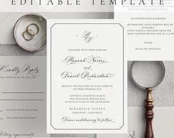 Classic wedding invitation template - Elegant wedding invites with border - Editable wedding invitation template - Instant download