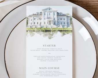 Printable wedding menu - Wedding venue illustration - Venue painting menu template - Editable template