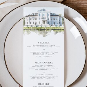 Menú de boda imprimible - Ilustración del lugar de la boda - Plantilla de menú de pintura del lugar - Plantilla editable