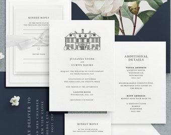 Venue illustration wedding invitation - Luxury wedding invitations with letterpress option - Line drawing wedding invitations