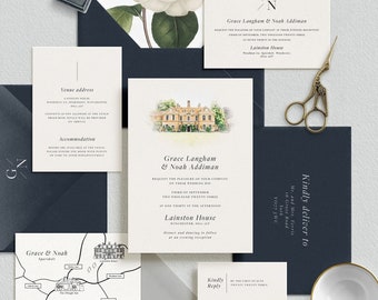 Venue illustration wedding invitations - Wedding venue - Venue painting wedding invitation suite - Printed invitations