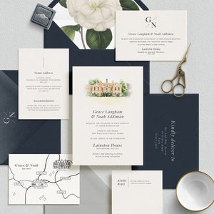Venue illustration wedding invitations - Wedding venue - Venue painting wedding invitation suite - Printed invitations