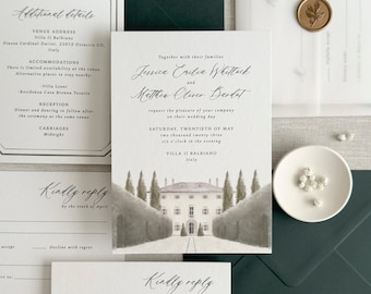 May include: A wedding invitation with a watercolor illustration of a villa in Italy. The invitation is printed on white cardstock with black text. The text includes the names Jessica Erilia Whitlock and Matteo Oliver Barlet, the date Saturday, Twentieth of May, two thousand twenty-three, and the location Villa II Balbiano, Italy. The invitation also includes a RSVP card with the text "Kindly reply by the tenth of April."