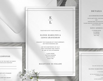 Op de afbeelding: Een huwelijksuitnodigingsset met een minimalistisch ontwerp. De uitnodiging is in zwart-wit met de namen van het paar en de datum van de bruiloft. De RSVP-kaart bevat een antwoordsectie en dieetwensen. De detailkaart bevat informatie over accommodaties en een antwoordadres.