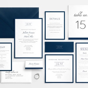 Lot de faire-part de mariage moderne - Faire-part de mariage bleu marine - Papeterie de mariage à imprimer - Modèles de mariage