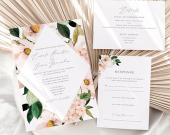 Boho wedding invitation template - Printable floral wedding invitations - Blush watercolour flowers - Instant download