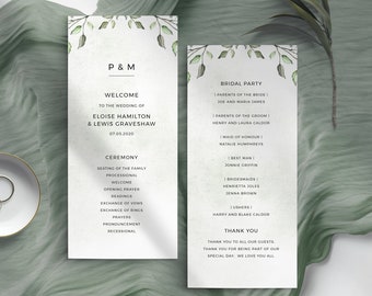 Greenery wedding program template - Rustic wedding ceremony program - Order of service - Instant download