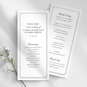 May include: A wedding ceremony programme with black text on a white background. The programme lists the order of events for the wedding ceremony of Camila Hamilton and James Grove on 07.05.2010. The programme also includes a list of the bridal party members.