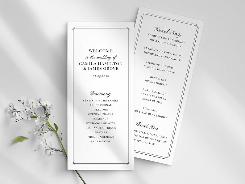 May include: A wedding ceremony programme with black text on a white background. The programme lists the order of events for the wedding ceremony of Camila Hamilton and James Grove on 07.05.2010. The programme also includes a list of the bridal party members.