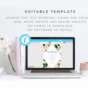 May include: A laptop screen displaying a floral wedding invitation template with a blue and white text box. The text on the screen reads "EDIT WITH TEMPLATE" and "FULLY EDITABLE TEMPLATE".