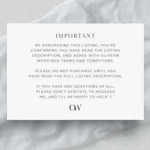 May include: A white card with black text that reads "IMPORTANT" and includes information about purchasing a listing. The text states that by purchasing the listing, you are confirming you have read the listing description and agree to the terms and conditions. It also states that you should not purchase until you have read the full listing description. The card also includes a message to contact the seller if you have any questions. The card is signed "OW".