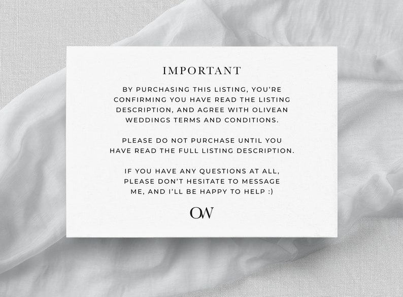 May include: A white card with black text that reads "IMPORTANT" and includes information about purchasing a listing. The text states that by purchasing the listing, you are confirming you have read the listing description and agree to the terms and conditions. It also states that you should not purchase until you have read the full listing description. The card also includes a message to contact the seller if you have any questions. The card is signed "OW".