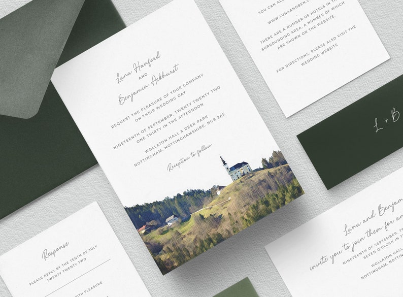 May include: Wedding invitation with a watercolor illustration of a church on a hill with green trees. The invitation is for Luna Hanford and Benjamin Ackhurst, and the wedding will be held on September 19th, 2022 at Wollaton Hall & Deer Park in Nottingham, England.