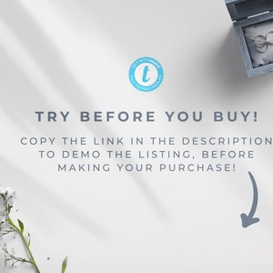 May include: Text overlay on a white background with a shadow effect reads "TRY BEFORE YOU BUY! COPY THE LINK IN THE DESCRIPTION TO DEMO THE LISTING, BEFORE MAKING YOUR PURCHASE!" with a downward pointing arrow. A small blue circle with a white "t" inside is in the top right corner. A small wooden box with a white cushion and two silver rings is in the top right corner.
