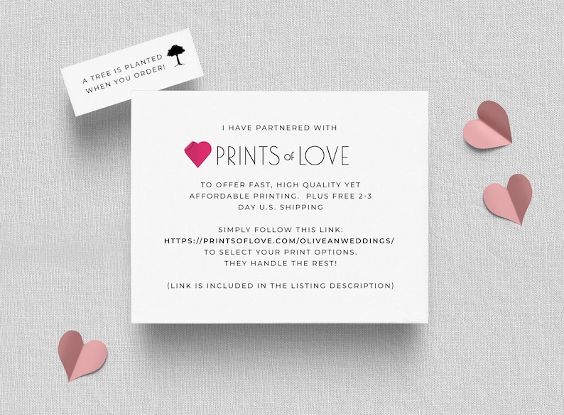 May include: A white card with a pink heart and the text "PRINTS of LOVE" in black. The card also includes information about the company's partnership with Prints of Love to offer fast, high-quality, and affordable printing with free 2-3 day U.S. shipping. The card also includes a link to the Prints of Love website.