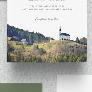 May include: A watercolor illustration of a church on a hilltop with green trees and a winding road leading up to it. The text "Reception to follow" is written below the image.