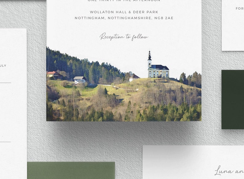 May include: A watercolor illustration of a church on a hilltop with green trees and a winding road leading up to it. The text "Reception to follow" is written below the image.