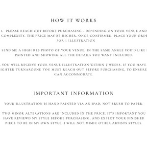 May include: Text explaining how to order a custom venue illustration. The text says to reach out before purchasing, send a high-resolution photo of the venue, and expect to receive the illustration within two weeks. It also mentions that the illustration is hand-painted on an iPad and includes two minor alterations in the price.